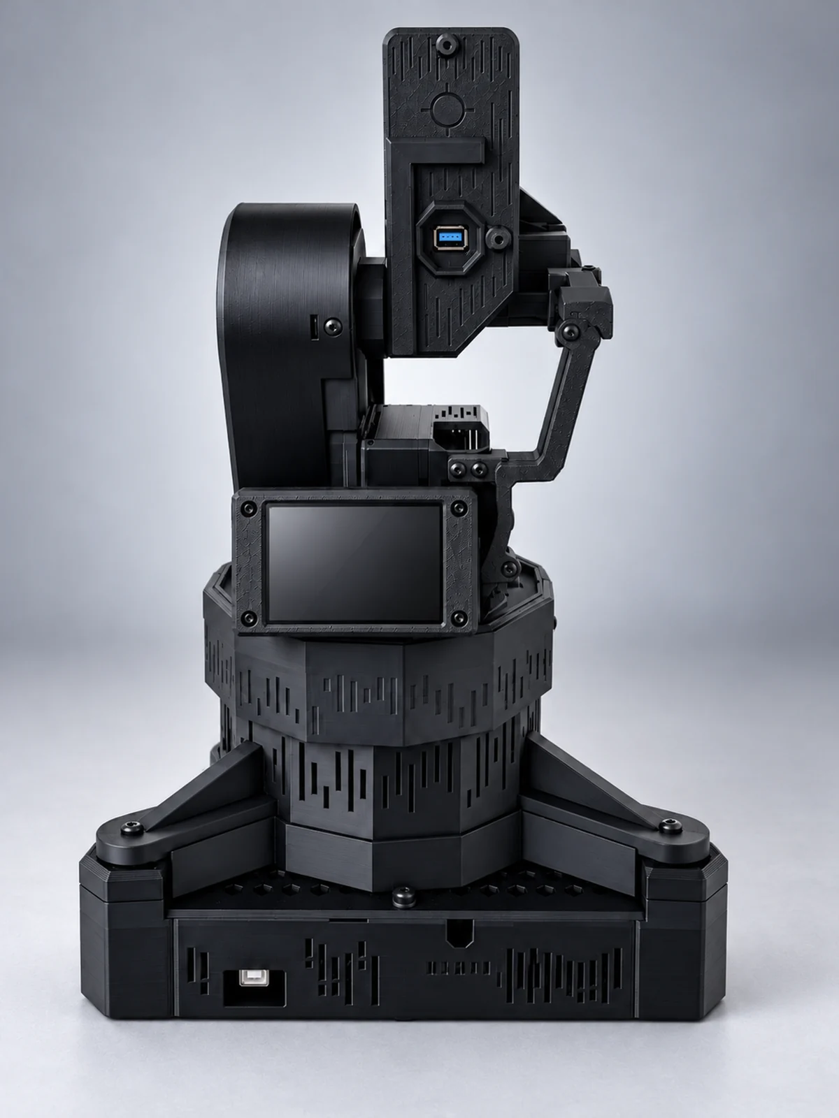 A render of the final build from behind: the camera on top of the head, the head tilting beside the round cover, the screen on the turntable and the drum that pans on the triangular base.