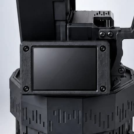 A render of the final build's 2.8-inch screen in its black bezel on the turntable, switched off.